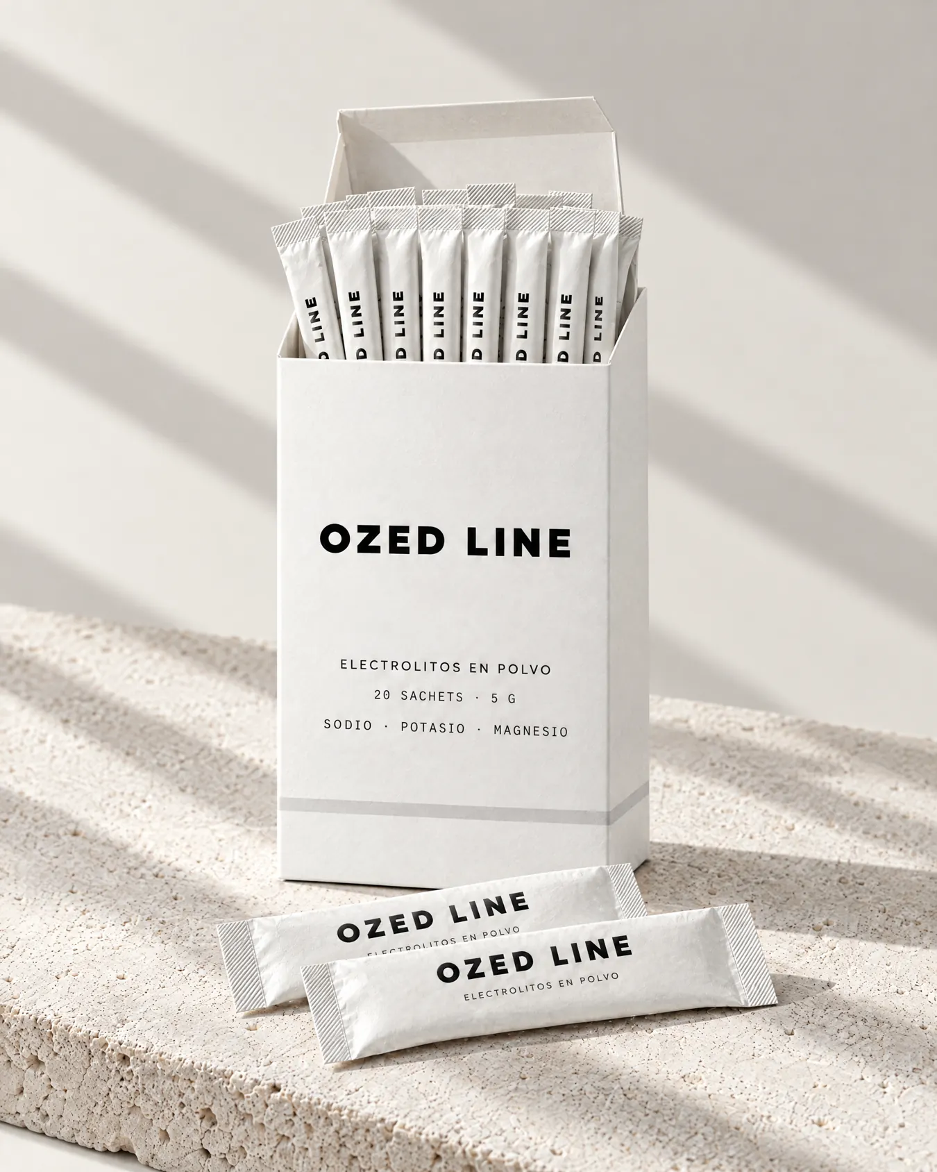 Caja Ozed Line abierta con sachets de electrolitos adentro